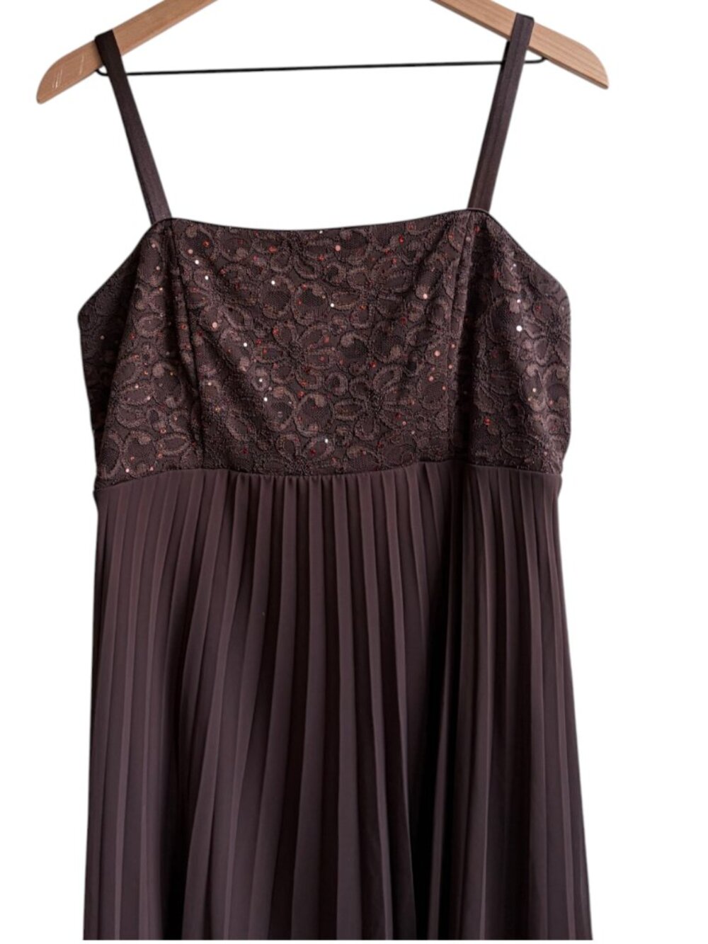 R&M Richards Brown Lace Sequin Pleated Empire Cocktail Dress Midi Size 16 Plus - Picture 2 of 5